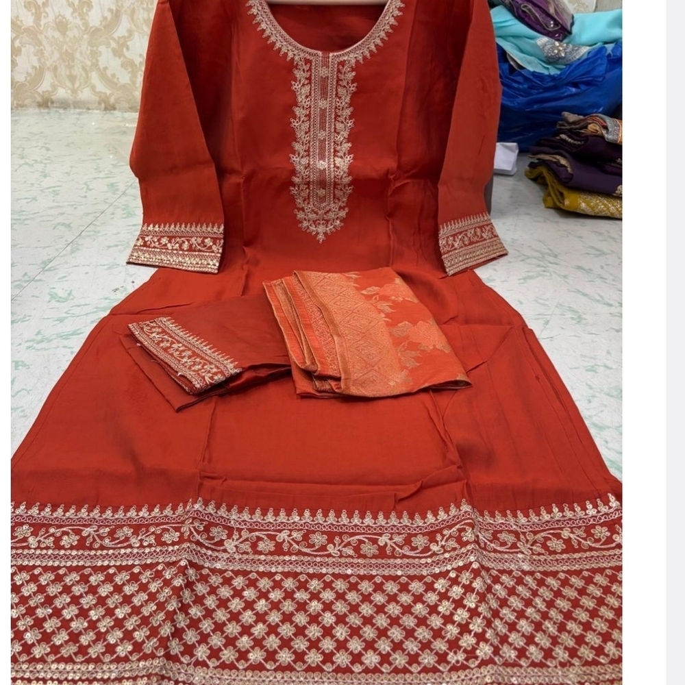 New Elegant Embroidered Orange Salwar Kameez
